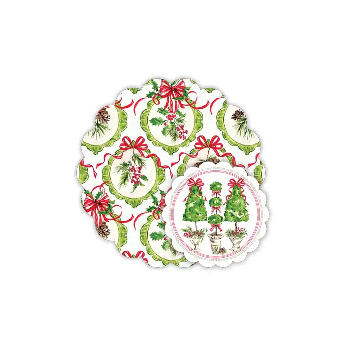Framed Holly, Pine Cones and Bows Topiary Trio Doily Set