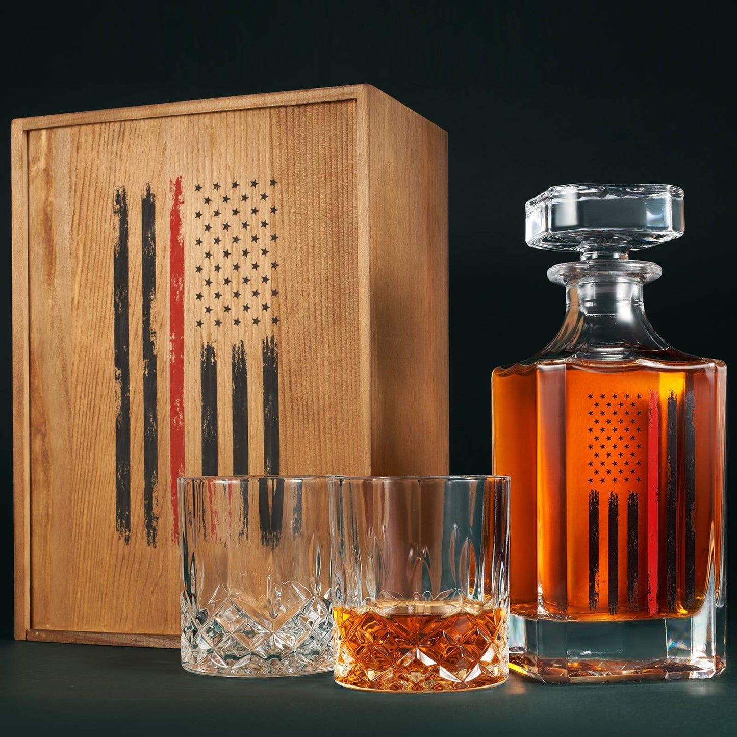 Firefighter Tactical Red Tattered American Flag Decanter Set