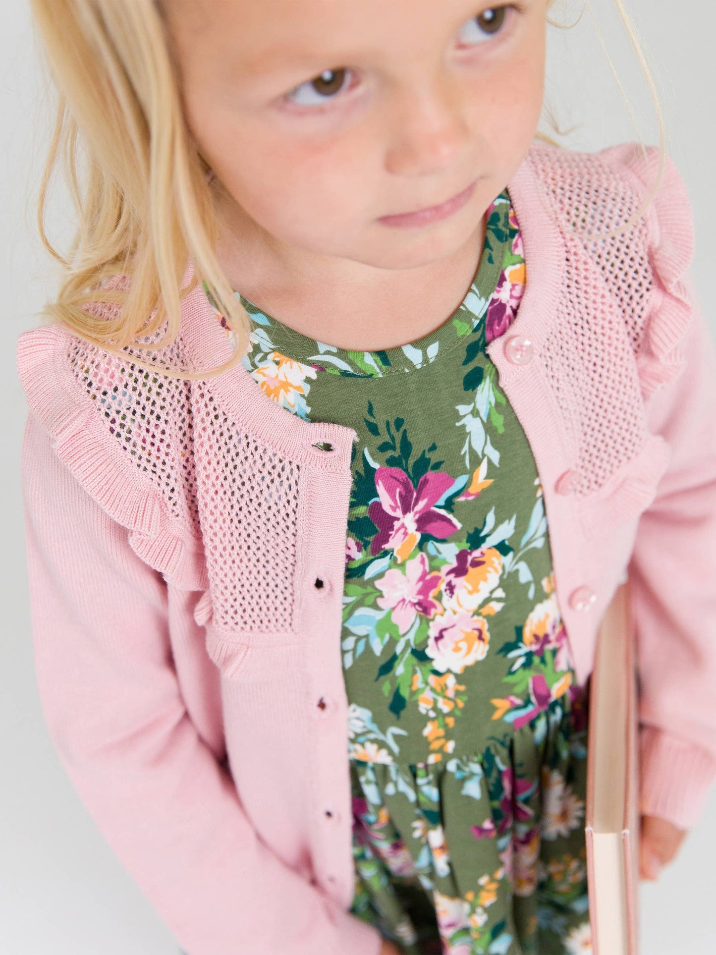 RuffleButts + RuggedButts - Girls Pink Sweater Knit Ruffle Trim Cardigan