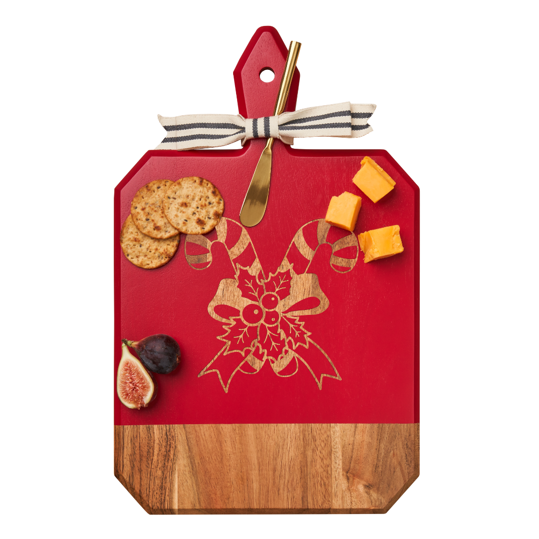 Acacia Heirloom Board Rectangle In Red Color w/ Gold Spreader & Ribbon | Candy Cane | 16 x 10"