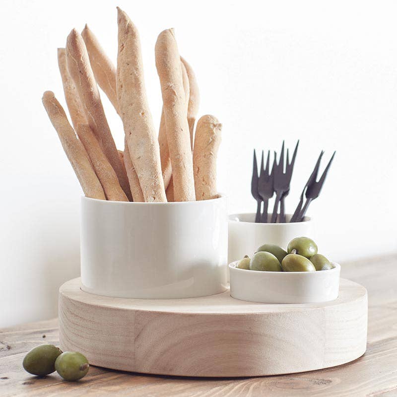 Trio Ceramic Bowl Set Wood Base