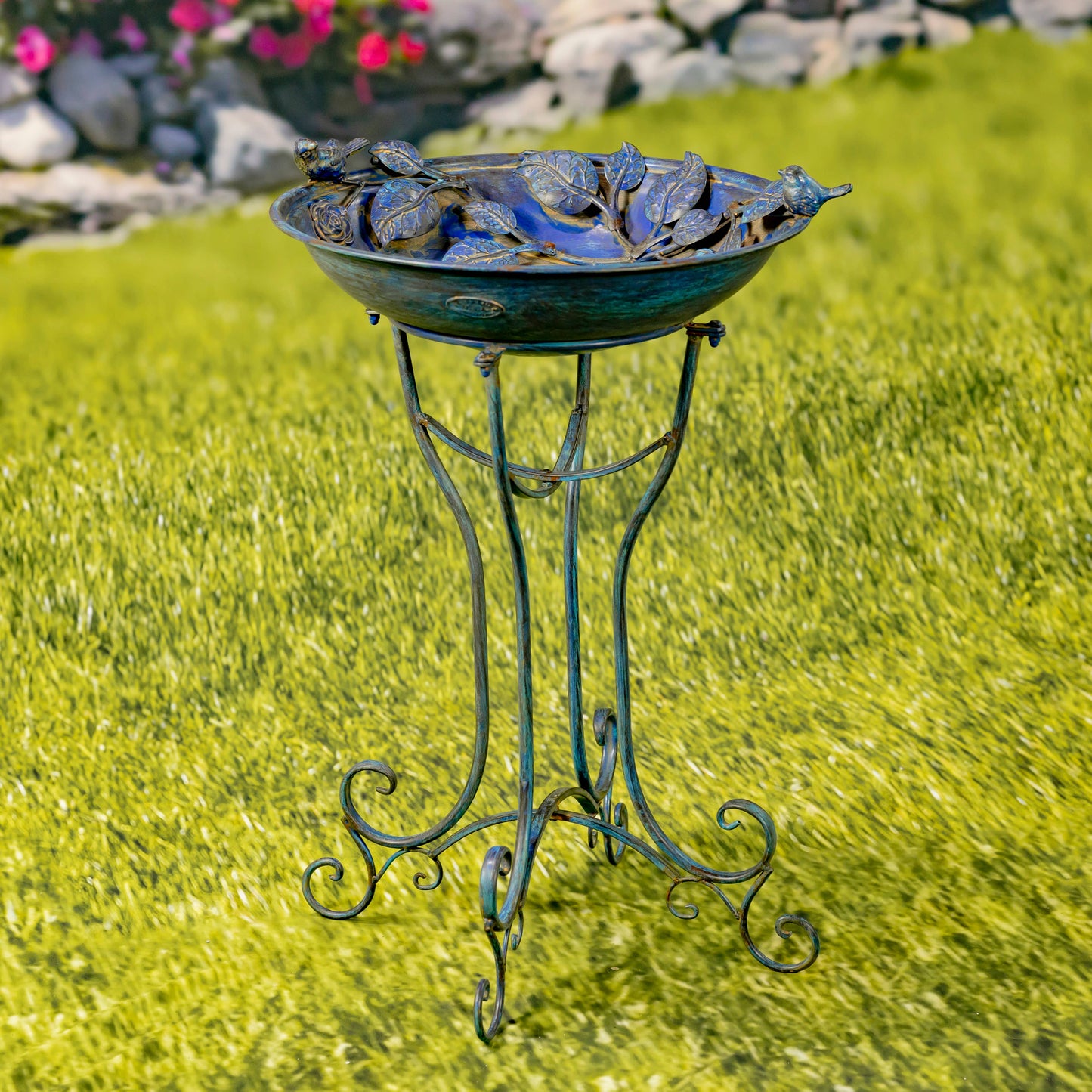 30.7" Tall Round Iron Birdbath with Rose & Bird Accents