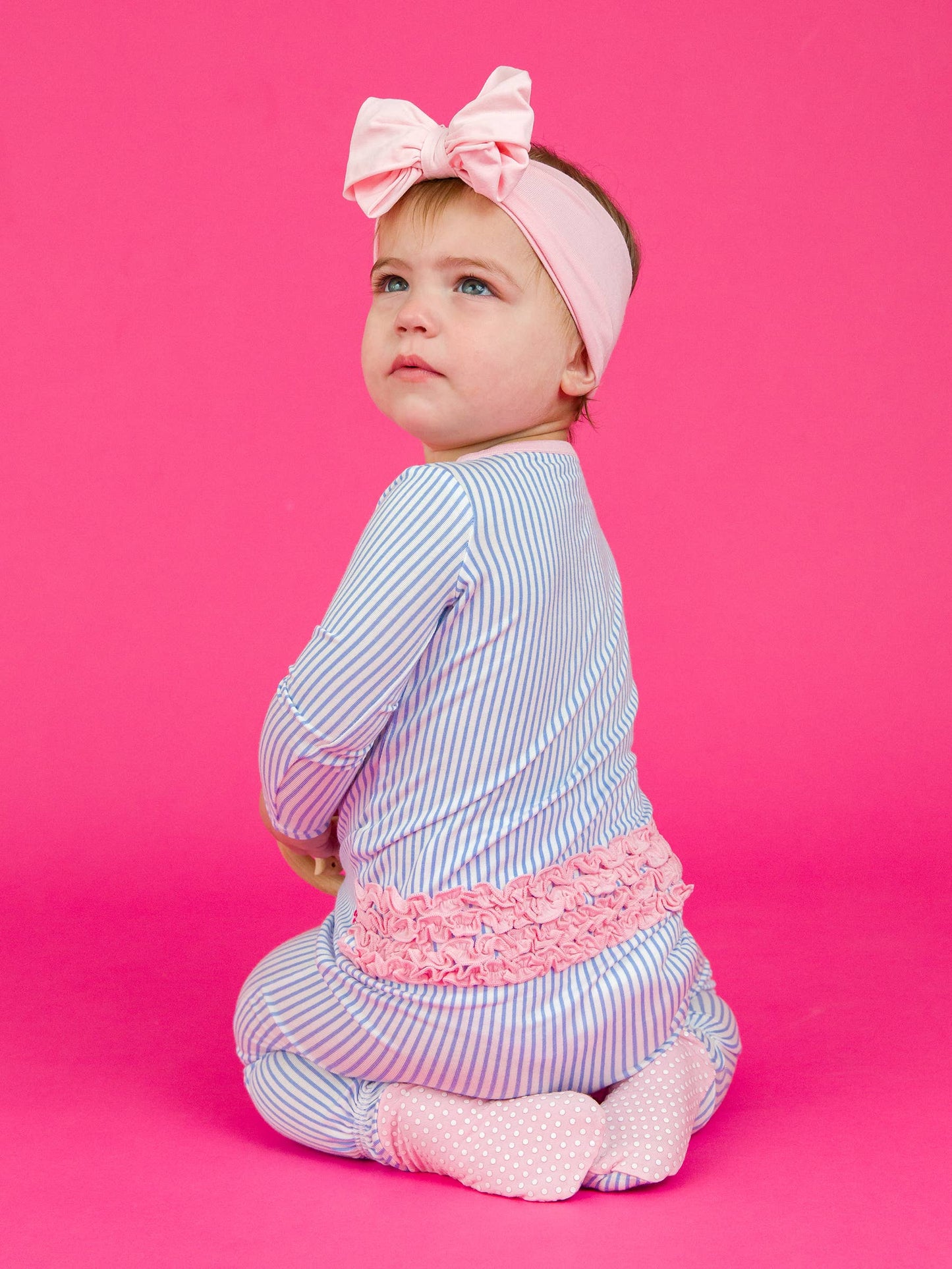 Bamboo Viscose Periwinkle & White Stripe Footed Ruffle One Piece Pajama