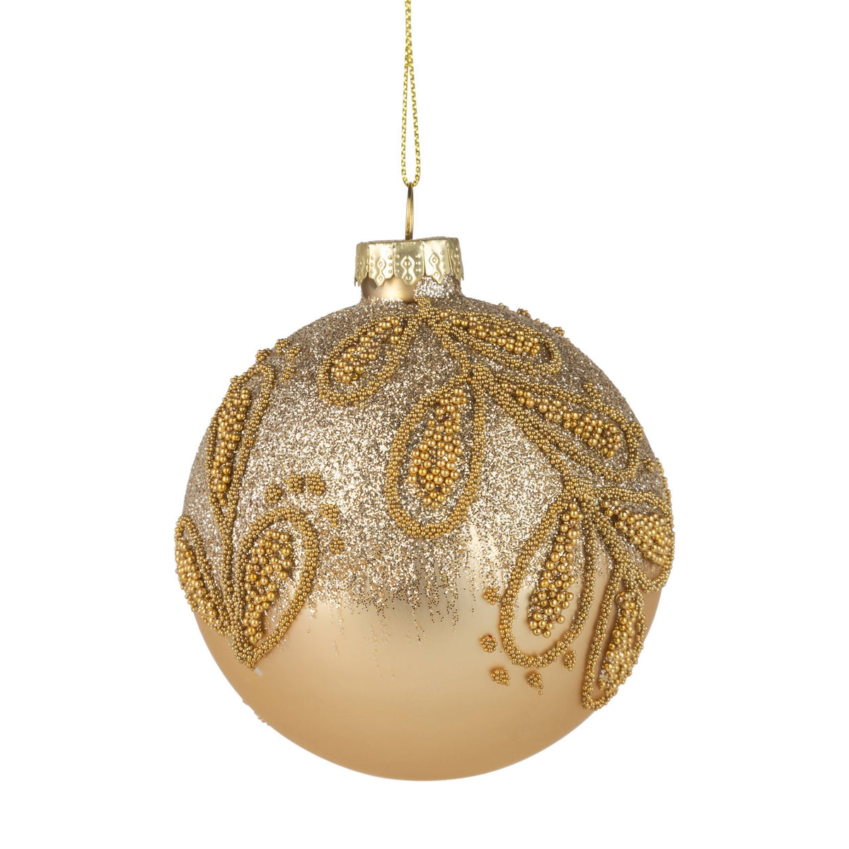 Glass ball, gold, beaded holly glitter