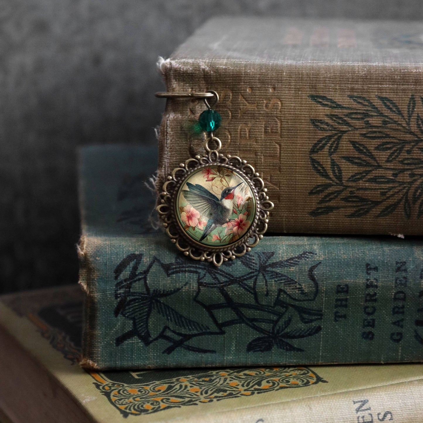 Hummingbird Art Nouveau Glass Cabochon Bronze Bookmark