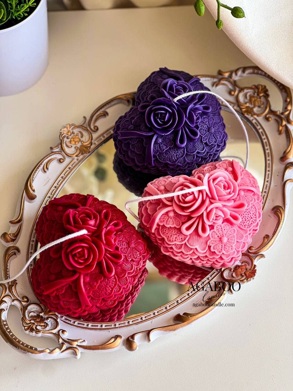 Elegant Rose-Adorned Heart Candle 3x5in - Valentines