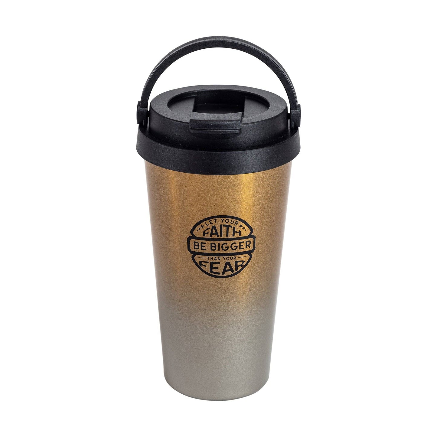 Divinity Boutique - Travel Mug - Faith Bigger Than Fear - Black Ink/Gold Mug
