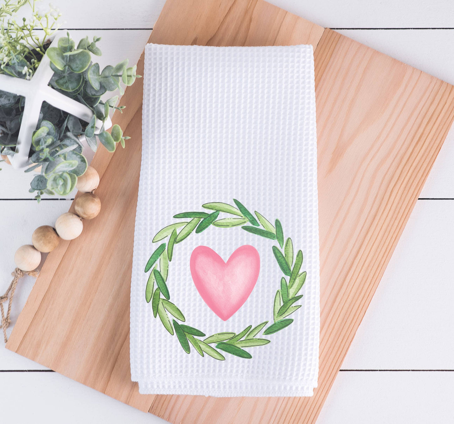 Wreath With Pink Heart Valentine Kitchen Dish Towel