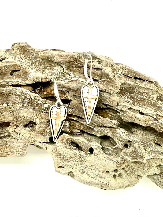 Earring Alloy Plated Heart w/Cross Drop w/Closed Hook