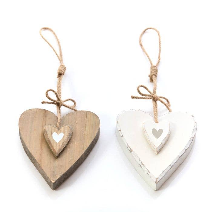 Rustic Fir Wood Chunky Hanging Double Heart 2 Assorted Colors