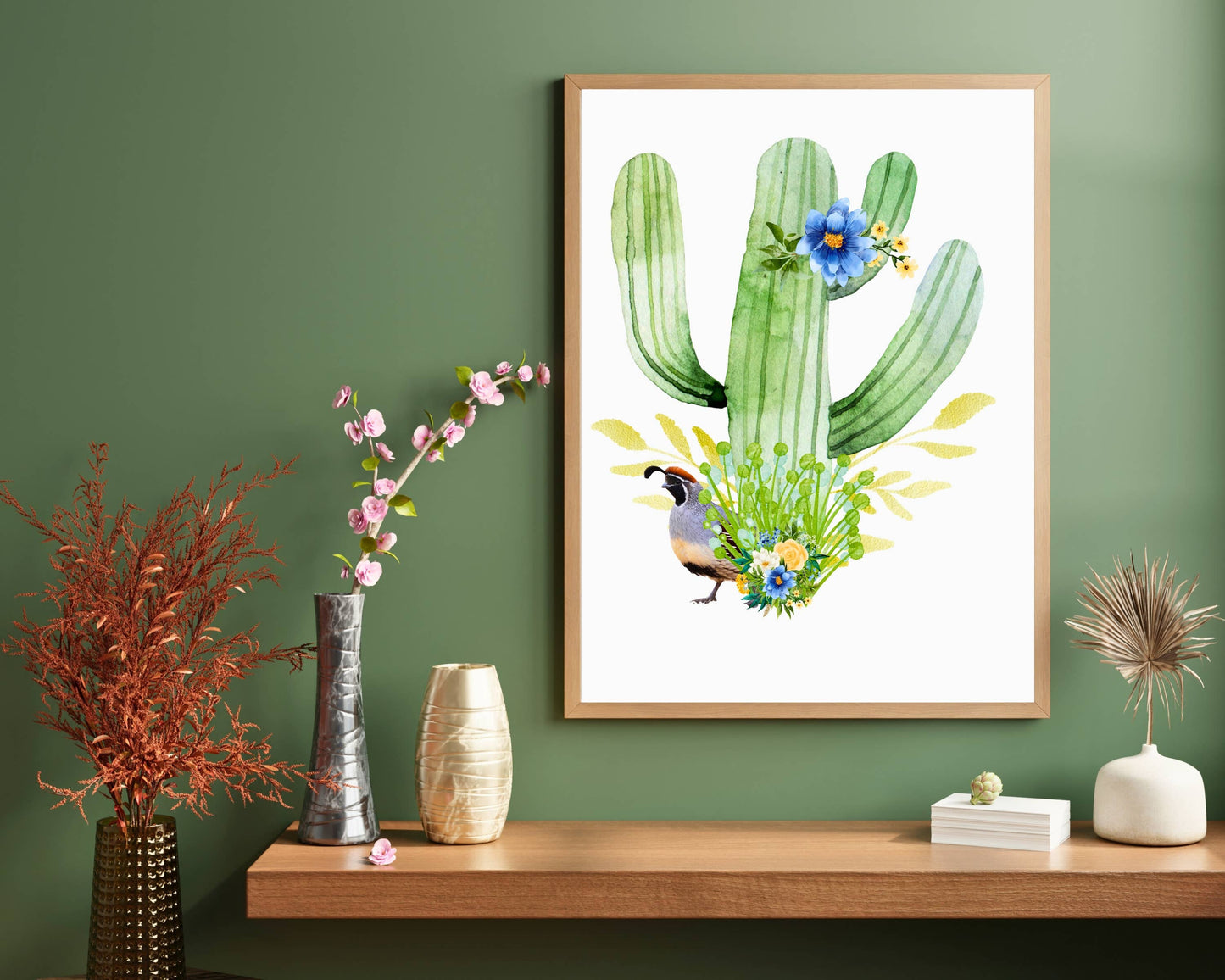 Desert Quail & Cactus Art Print with Blue Florals