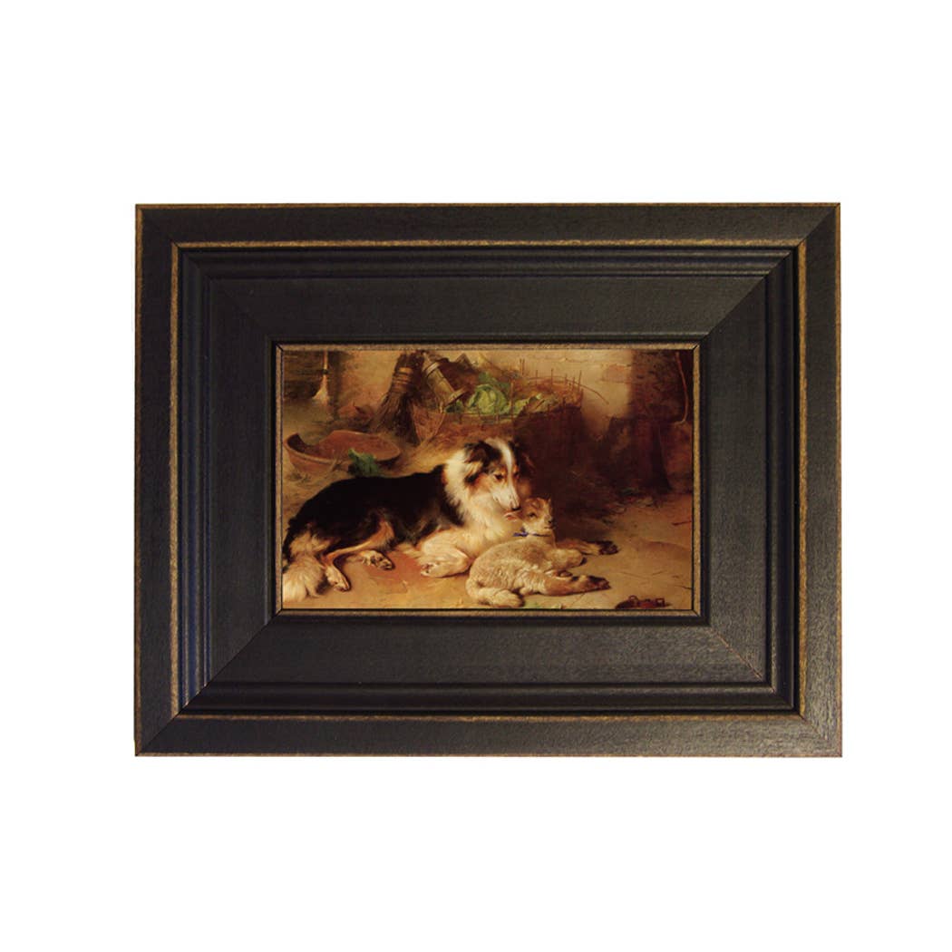 Motherless Lamb with Dog Framed Oil Painting Print on Canvas