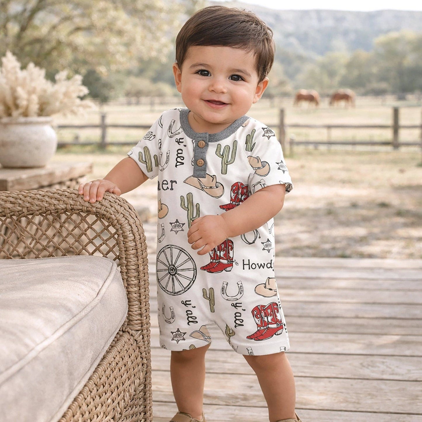 Howdy Partner Henley Romper – Western Cowboy: 6-9M