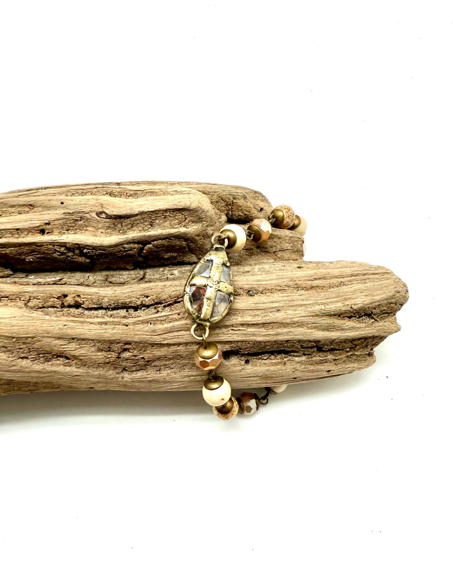 Bracelet Vintage PictureJasper(8mm)w/Bevelled Cross 7”w/2”