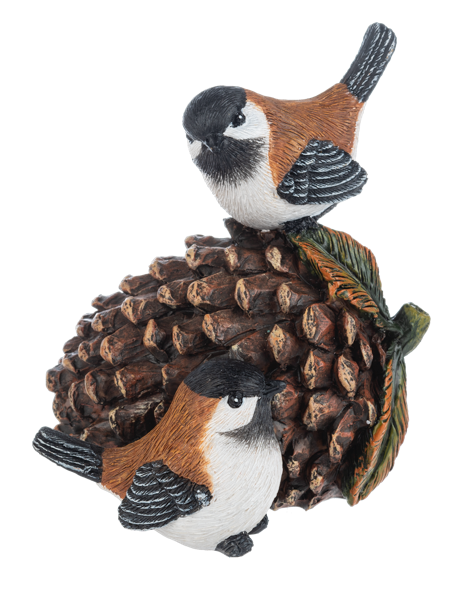 Acorn and Pinecone Bird Figurine, Two figurines, each with a pair of black-capped birds with rust-colored backs perched on an acorn and pinecone or on a large pinecone with autumn leaves.