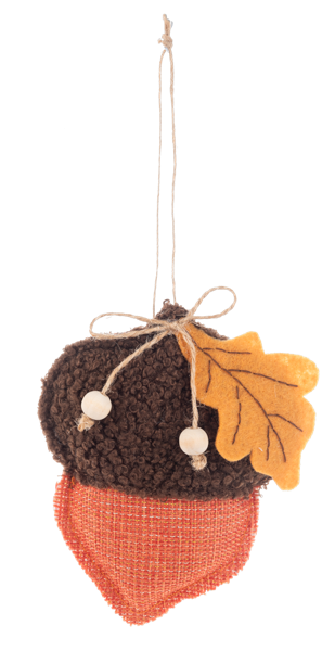 Acorn Ornament with Oak Leaf, Three acorn ornaments with nubby brown caps, oak leaves and wood beads, with orange, green and red-orange bodies.