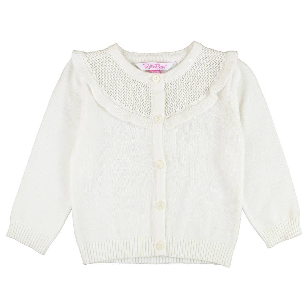 Girls Off-White Sweater Knit Ruffle Trim Cardigan