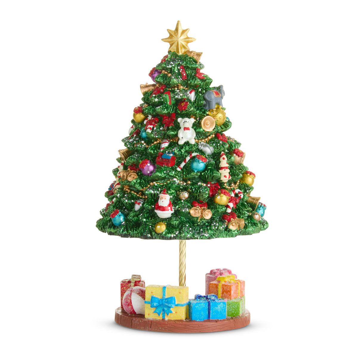 Animated Musical Christmas Tree with Packages, A resin Christmas tree covered in sculpted ornaments with a gold star on top, standing on a twisted gold post above a round base piled with wrapped packages.