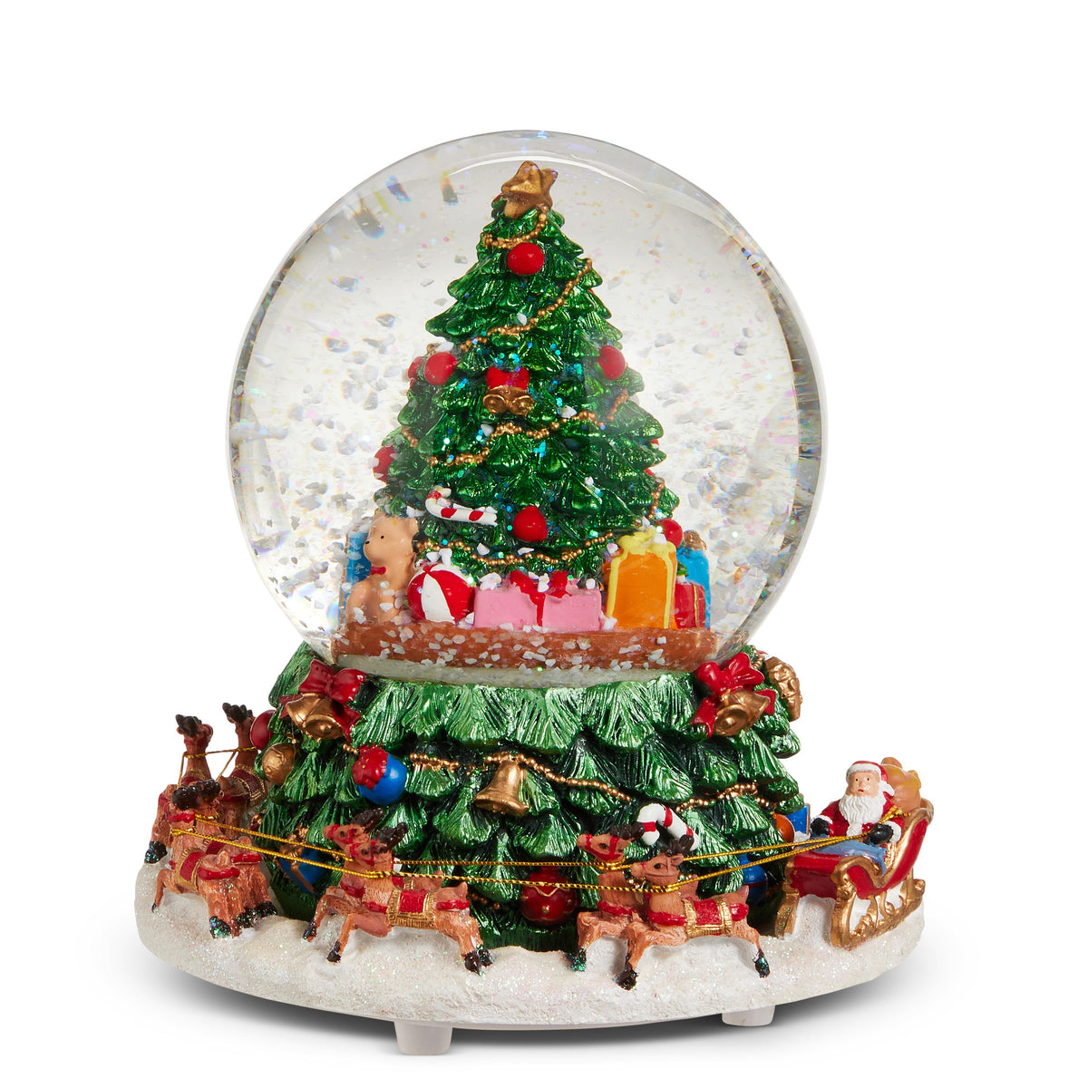 Animated Musical Tree Water Globe, Water globe with a decorated Christmas tree, presents and a teddy bear inside, on a tree-shaped base circled by Santa's sleigh and reindeer.