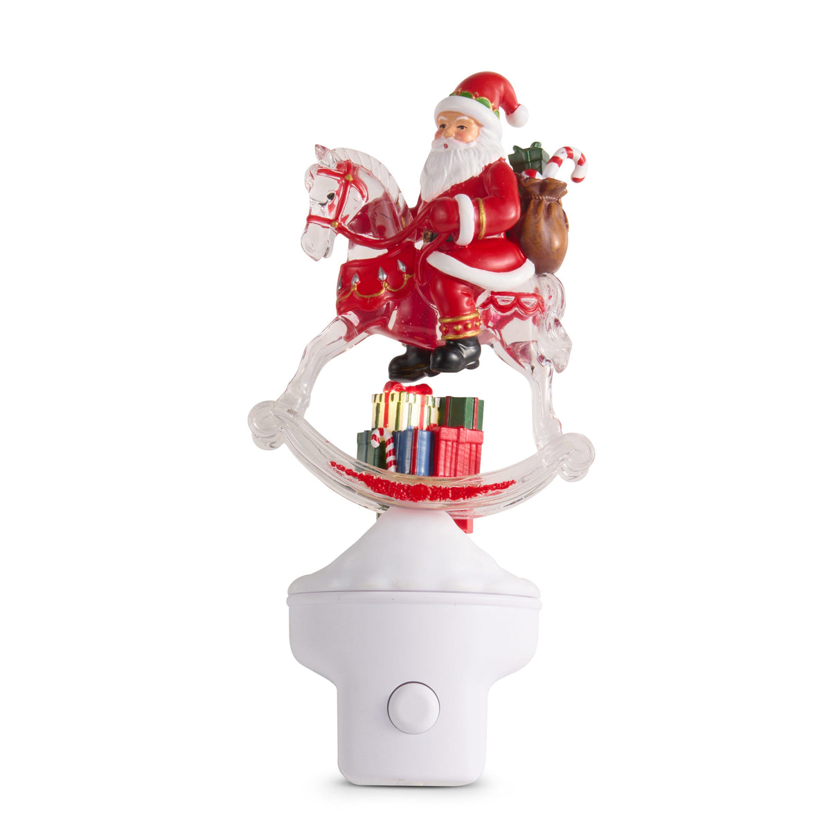 Animated Santa on Rocking Horse Night Light, A night light with Santa riding a clear rocking horse trimmed in red, carrying a sack of presents, with wrapped gifts between the rockers, on a white plug-in base.