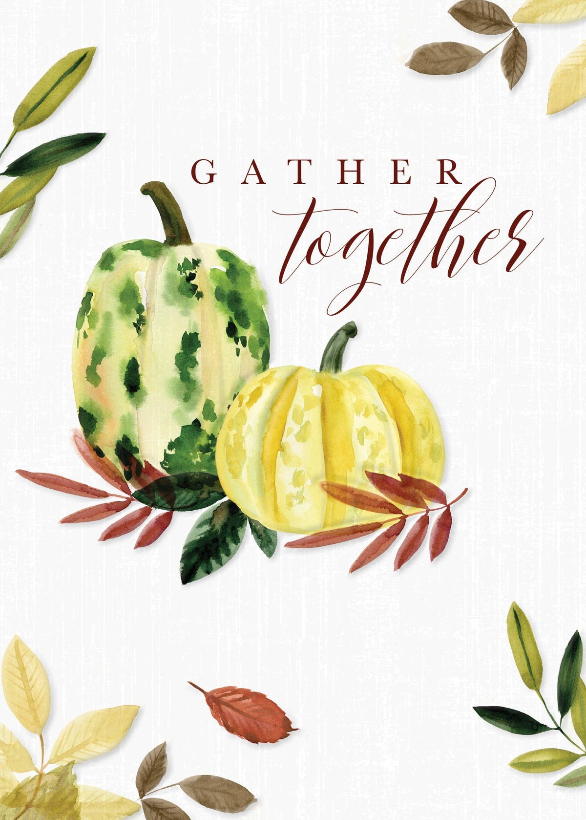 Autumn Pumpkins And Leaves Greeting Card, Front of a white card with a green-speckled pumpkin and a yellow pumpkin among watercolor leaves and the words GATHER together in burgundy lettering.