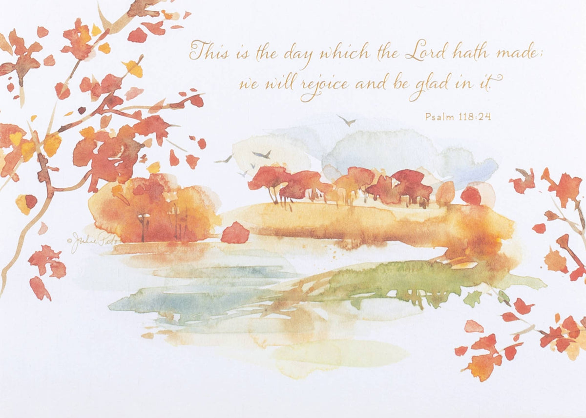 Autumnal Watercolor Landscape Greeting Card, A landscape-format card front with a watercolor lake scene, autumn trees and red-orange leaves, and the gold script verse of Psalm 118:24 across the top.