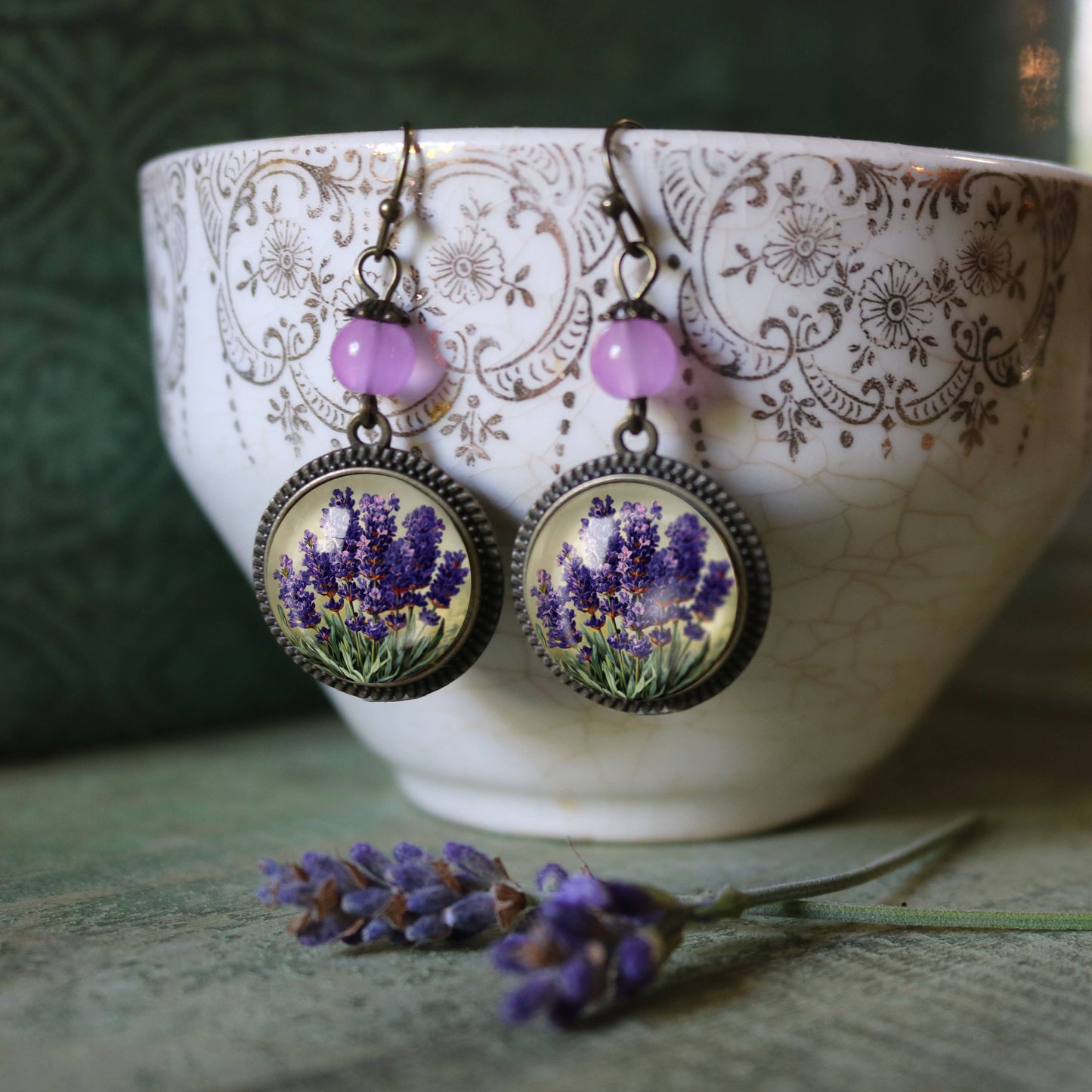 Lavender Flowers Glass Cabochon Earrings