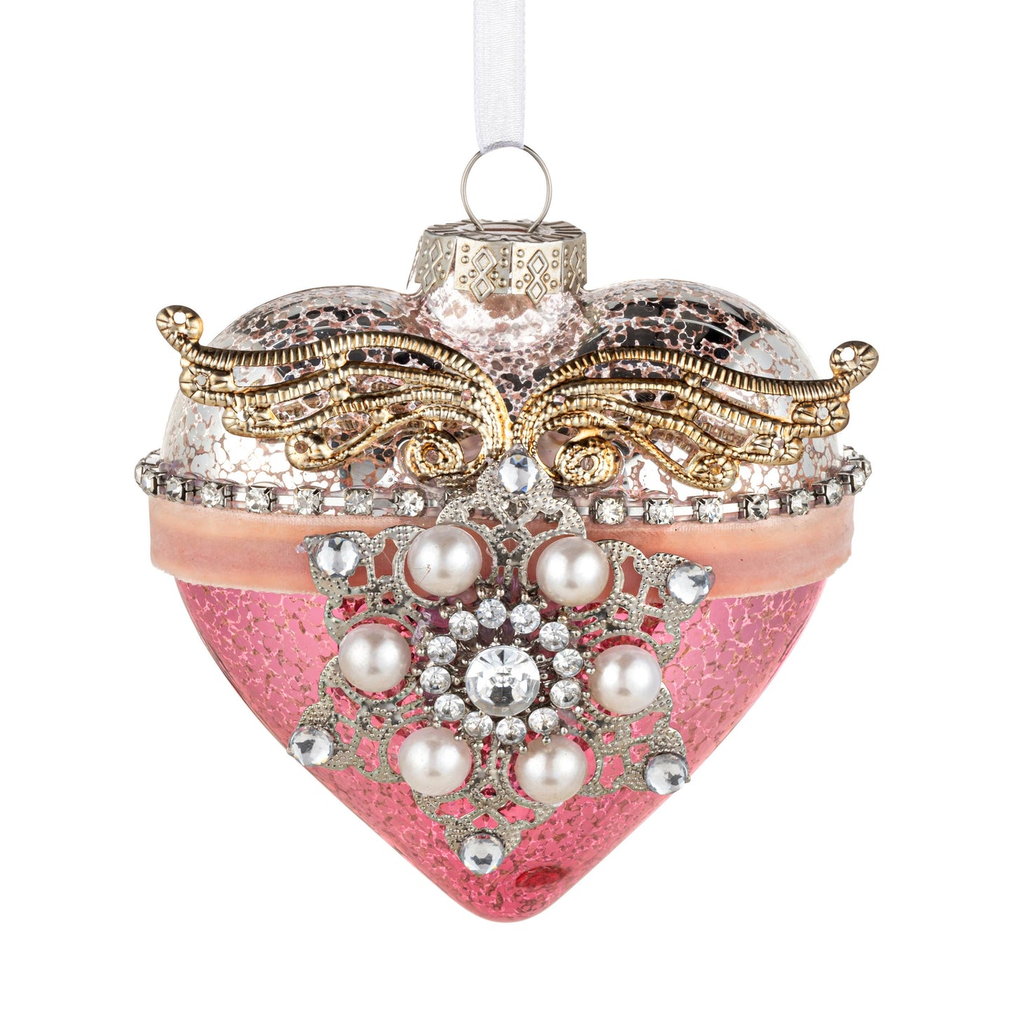 Patinaed Heart with Angel Wings and Pearls Glass