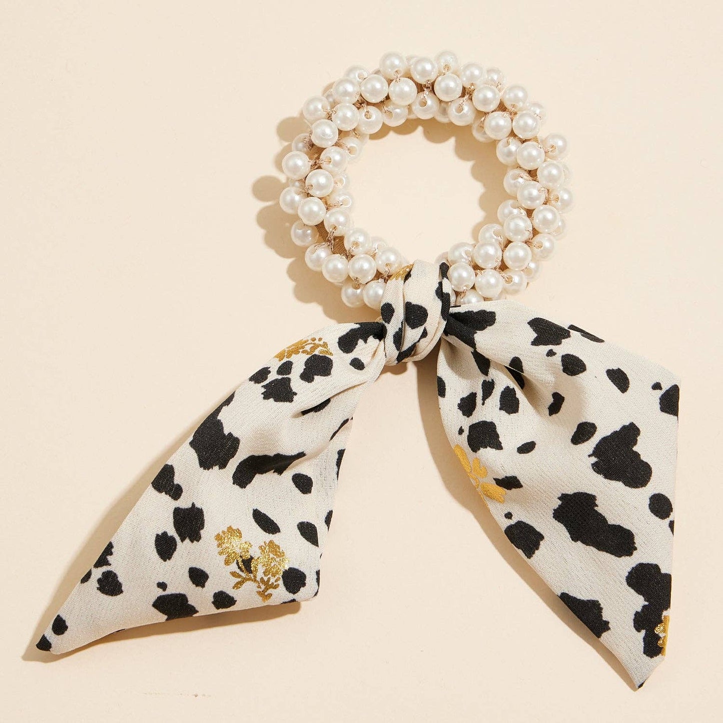 Pearl Beaded Hair Tie with Floral Scarf Accent