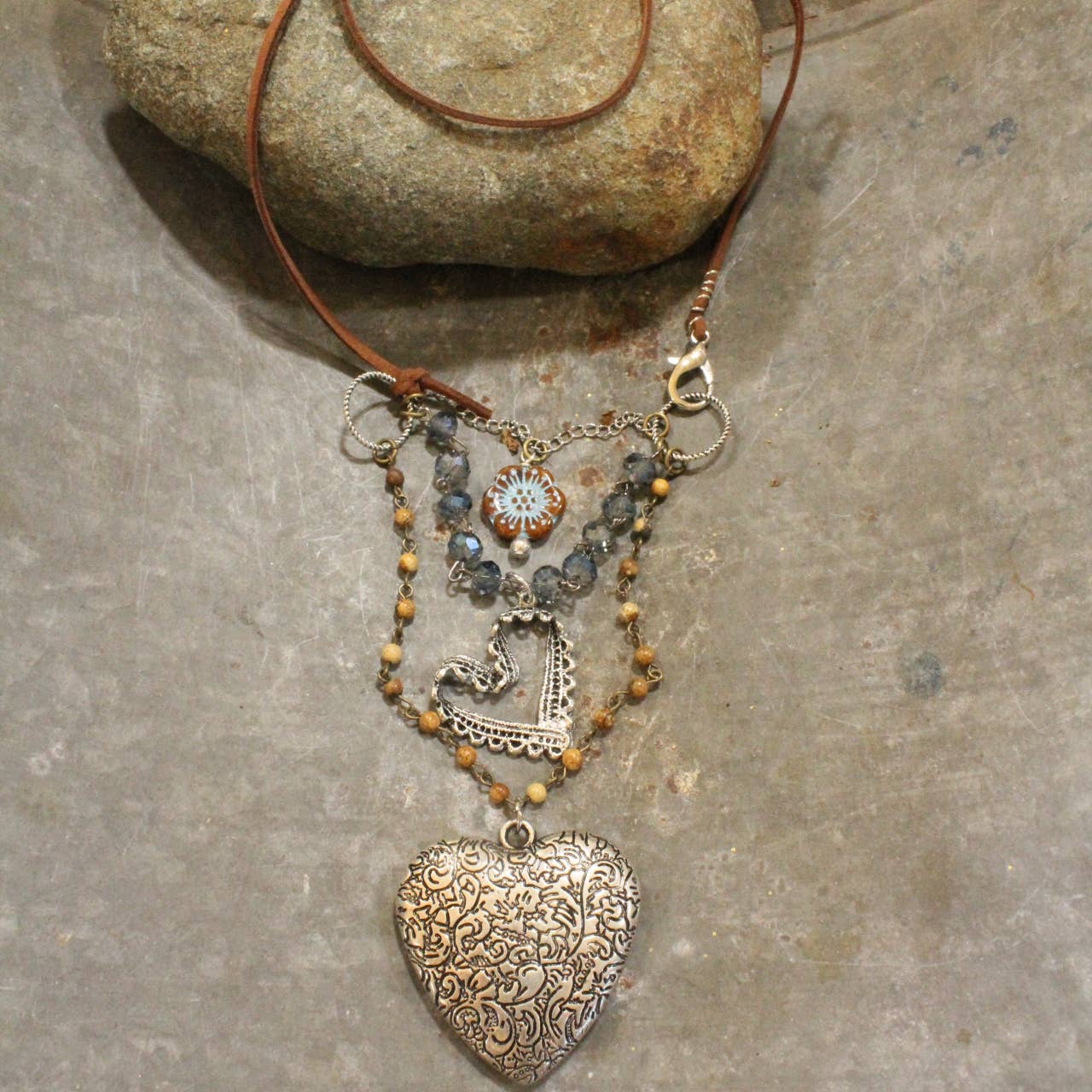 The Primitive Peddler, Inc. - Czech Flower & Leather Silver Heart Layered Necklace