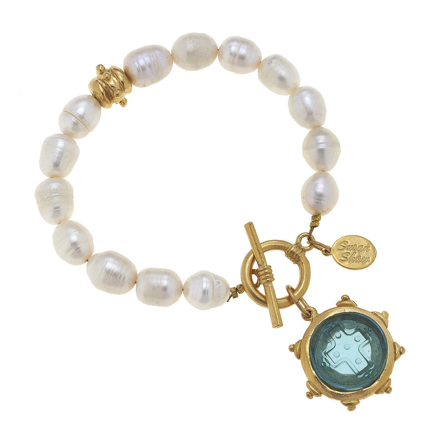 Susan Shaw - Aqua Venetian Glass Cross Intaglio on Genuine Freshwater Pearl Bracelet