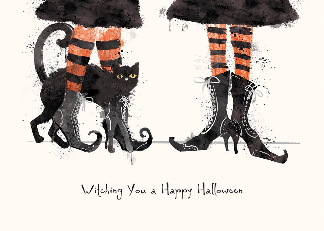 Bad Witches in Boots Greeting Card, Front of a Halloween card showing two witches from the knees down in orange and black striped stockings and pointed lace-up boots with a black cat between them, above the words Witching You a Happy Halloween.