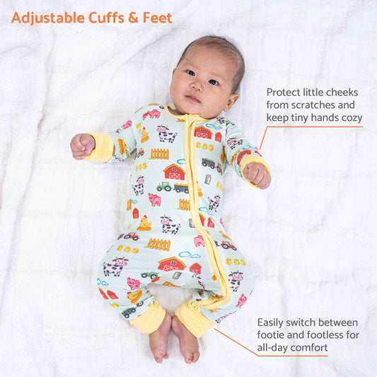 LollyBanks - Bamboo Baby Convertible Zipper Pajamas - Farm Pigs Cows Barn