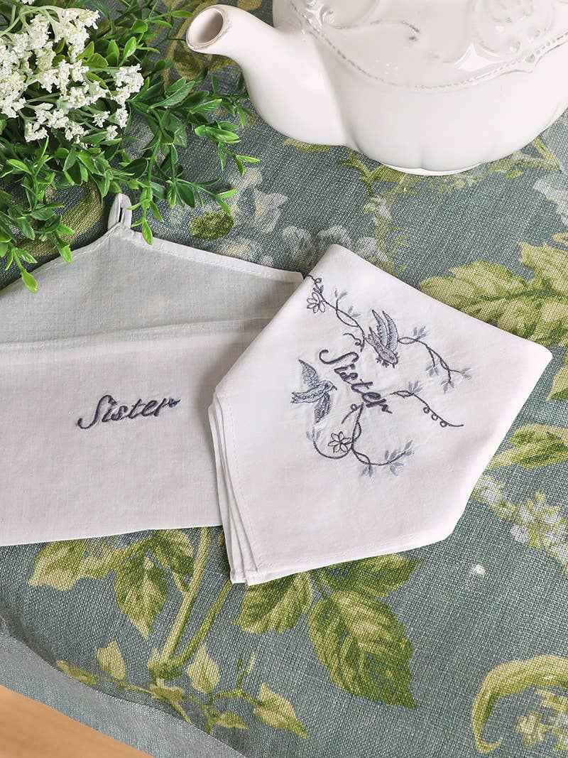 Sister Embroidered Envelope Hankie: Periwinkle