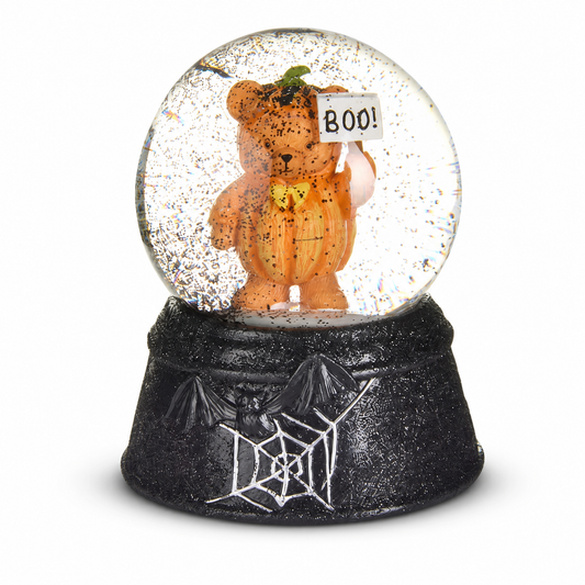 Beary Scary Mini Water Globe, Pumpkin Bear design: one in an orange pumpkin suit, one under a white sheet, each holding a BOO! sign
