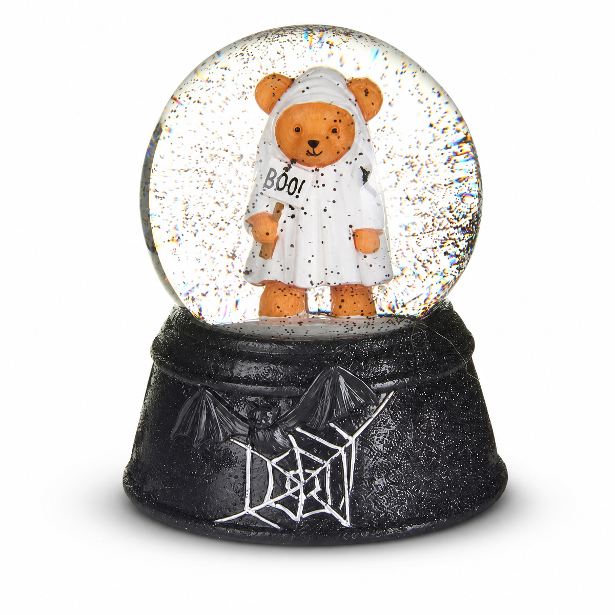 Beary Scary Mini Water Globe, Ghost Bear design: one in an orange pumpkin suit, one under a white sheet, each holding a BOO! sign