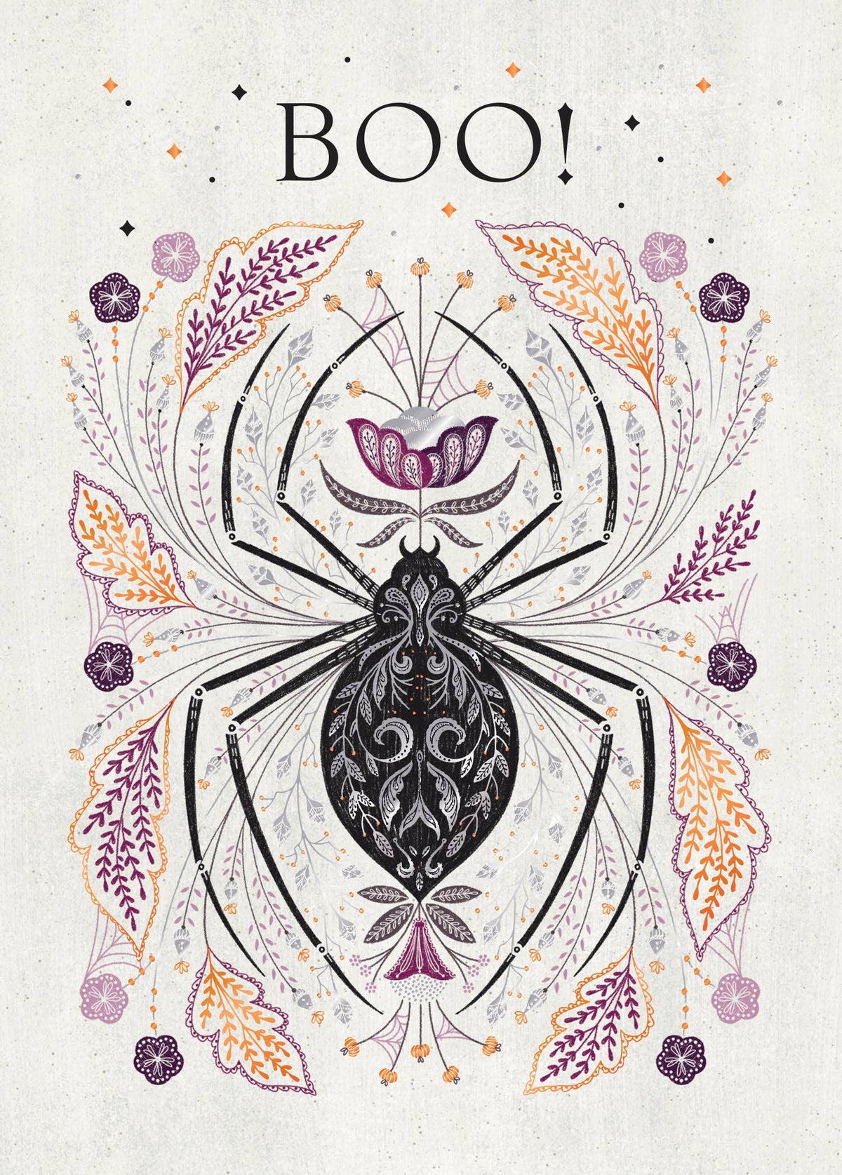 Bewitching Spider Greeting Card, Front of a Halloween card on a cream textured background with BOO! in black capitals above an ornate black spider with silver-toned filigree, surrounded by symmetrical orange and plum leaves, flowers and tiny webs.