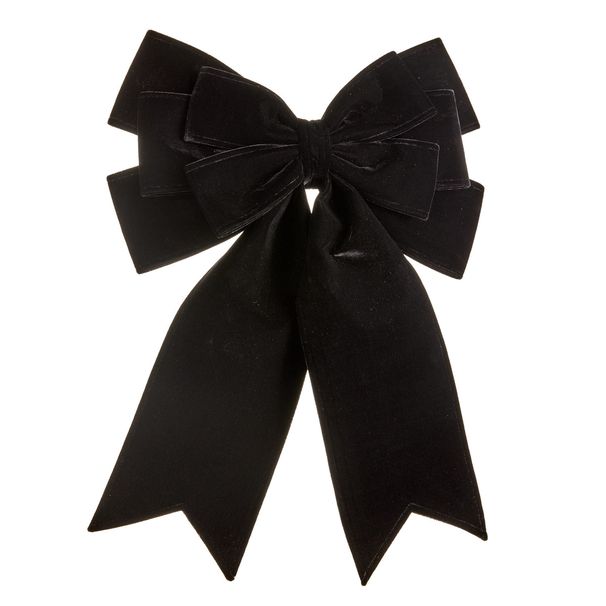 Black Velvet Bow Ornament, A large black velvet bow with two loops and long pointed tails.