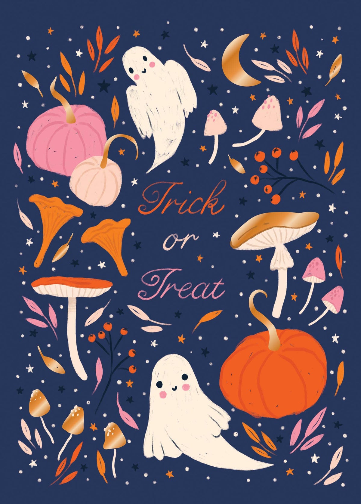 Boo-tiful Night Greeting Card, Front of the card showing two smiling cream ghosts, pumpkins, mushrooms and a crescent moon on a midnight-blue ground with the words Trick or Treat in script.