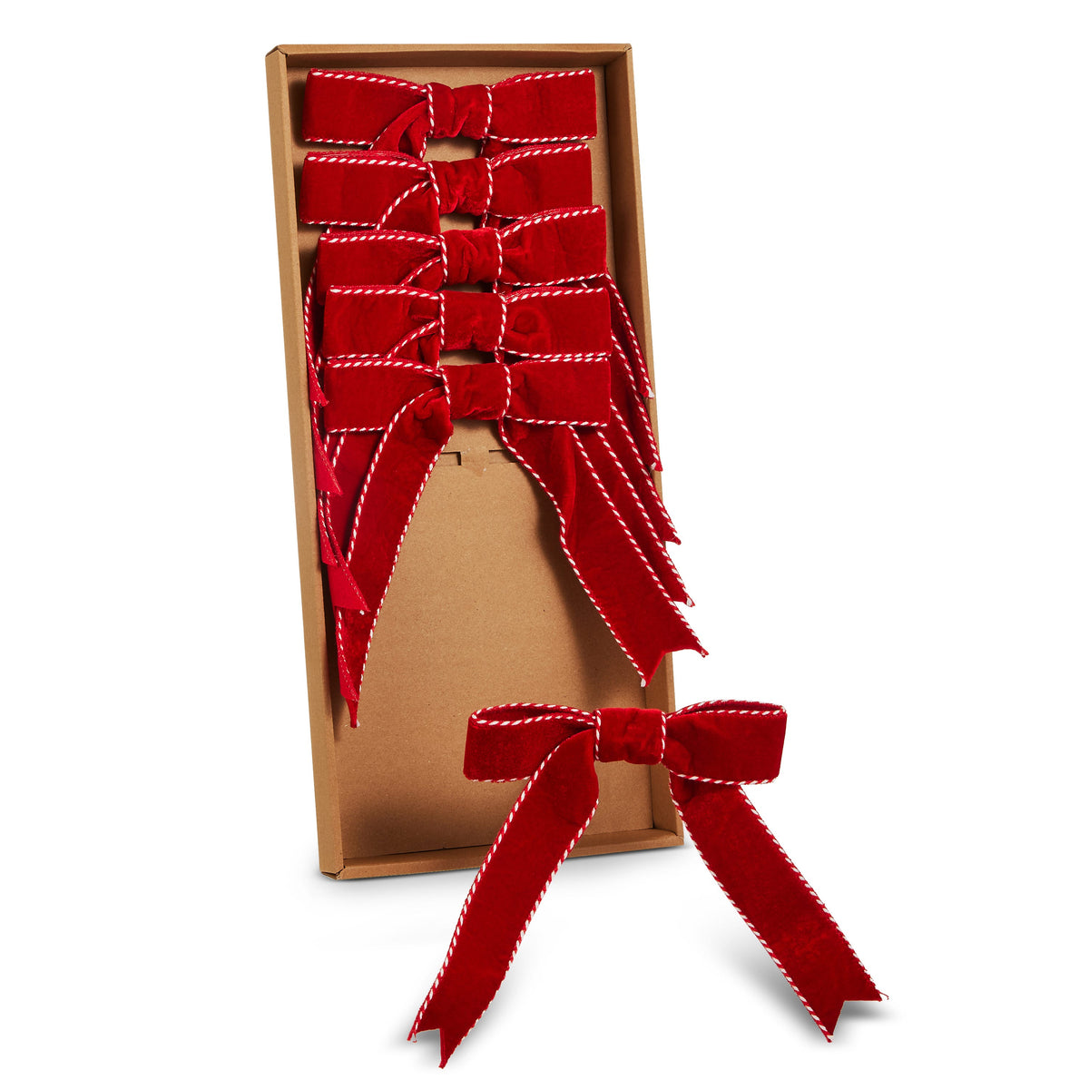 Box of 6 Red Velvet Bow Ornaments with Peppermint Trim, Six red velvet bows edged in red and white twisted trim, five lined up in a kraft box and one resting in front.