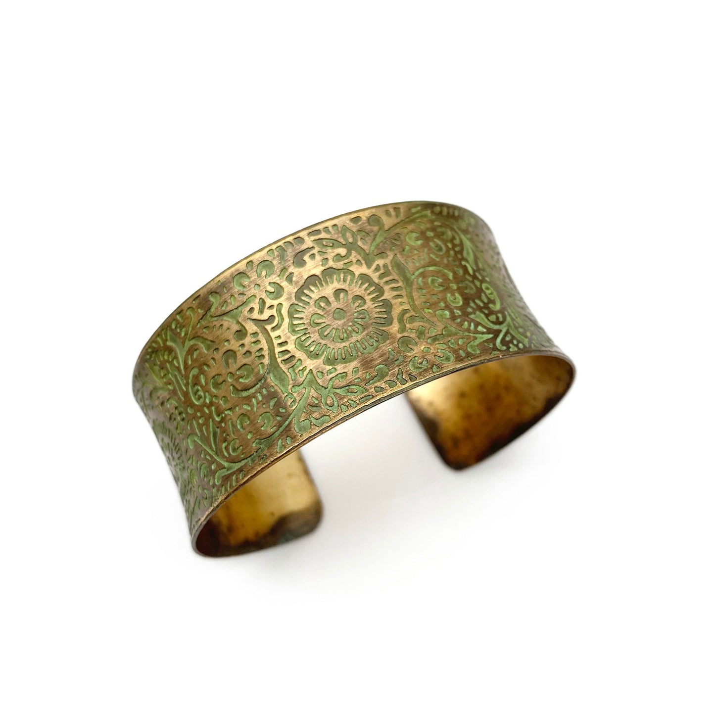 Brass Patina Bracelet – Chartreuse Floral Scrollwork