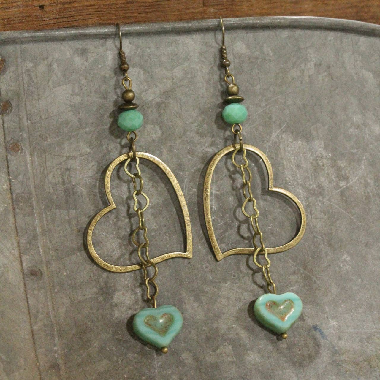 Turquoise Czech Heart Dangle Earrings