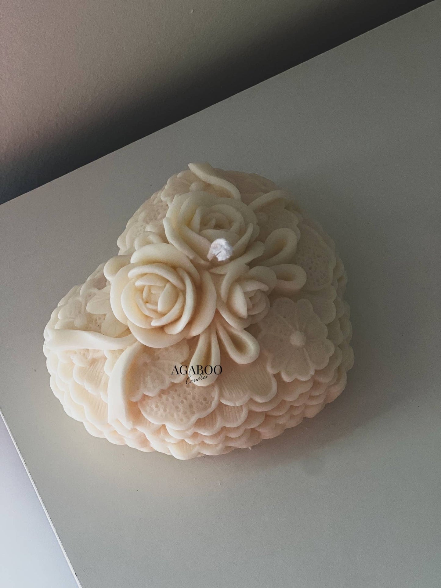 Elegant Rose-Adorned Heart Candle 3x5in - Valentines