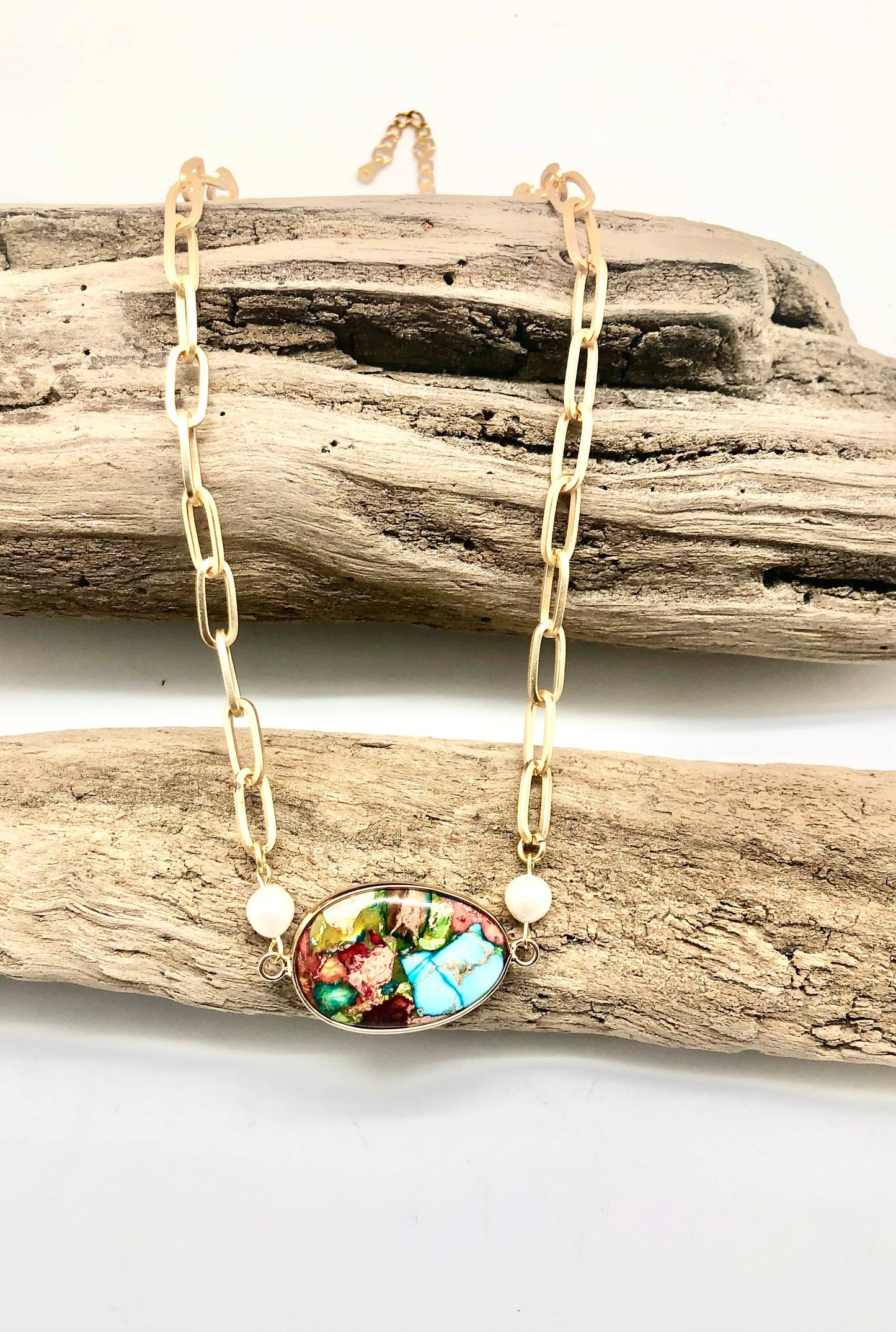 Necklace Matte Paper Clip Chainw/Jasper w/FreshwaterPearl18”