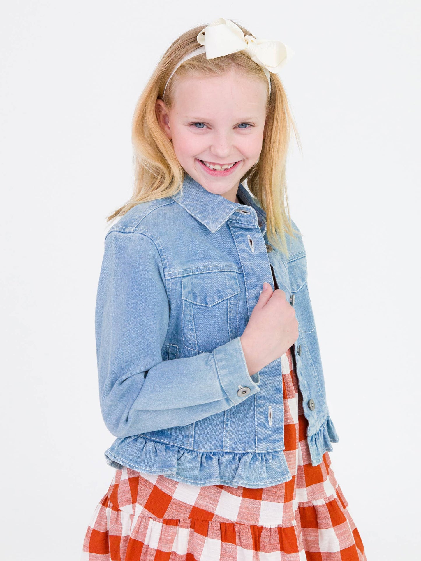 Girls Light Wash Ruffle Denim Jacket