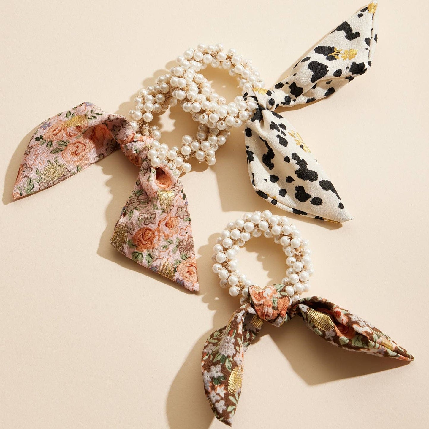 Pearl Beaded Hair Tie with Floral Scarf Accent