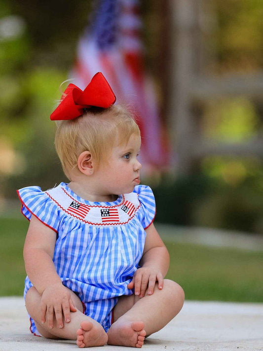 4th of july Flag Embroidery Smocking Girls Romper: 3M