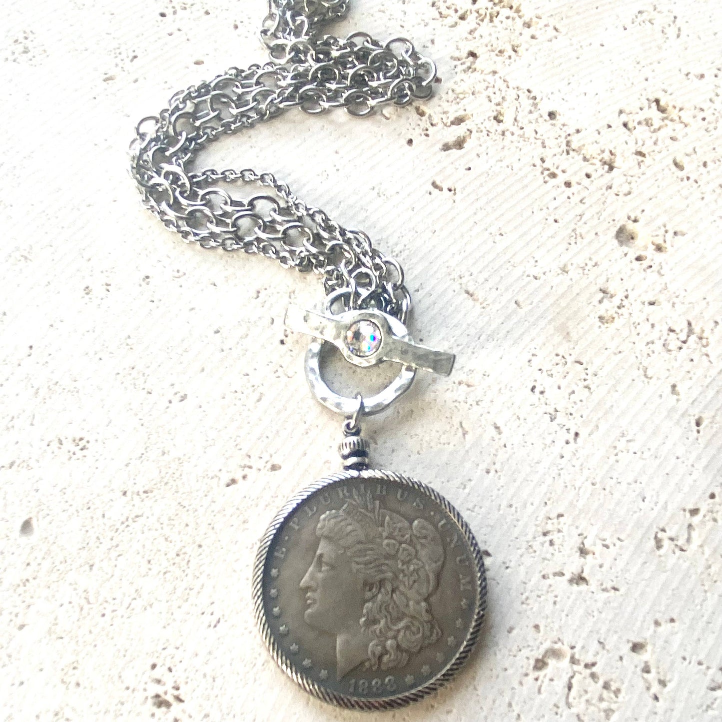 Coin Necklace crystal toggle vintage boutique style