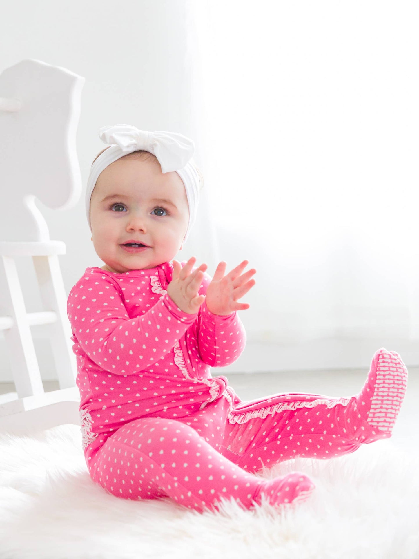 Baby Girls Hot Pink Hearts Polka Dot Bamboo Viscose Footed Ruffle One Piece Pajama