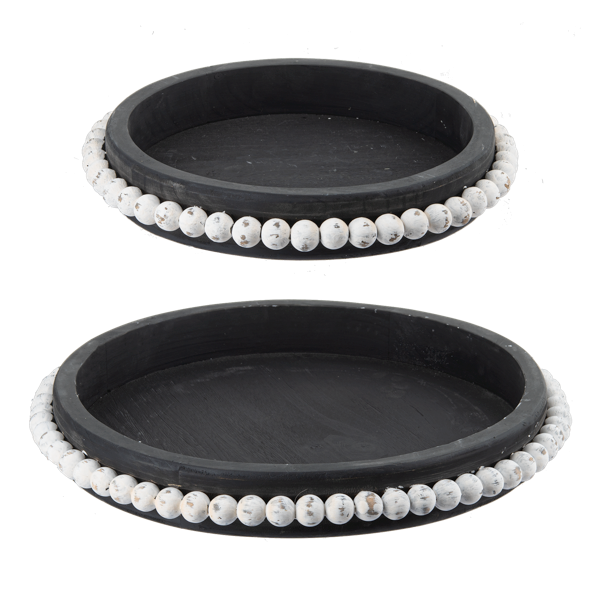 Round Black Tray with White Beaded Edge 2 pc. set